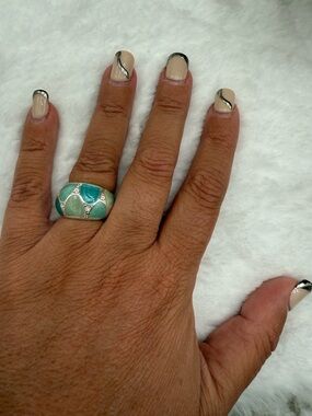 Avon Turquoise Enamel Statement Ring Silver Tone Size 6 Mosaic Wide Band